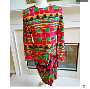 Vintage 80s Ann Lawrence Silk Dress Colorful Geometric
